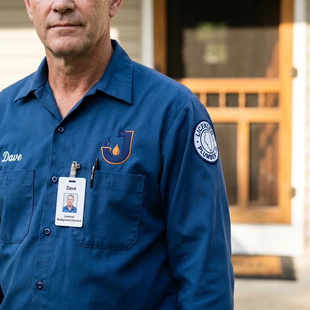 Licensed plumber showing ID badge in Jeffersonville, IN