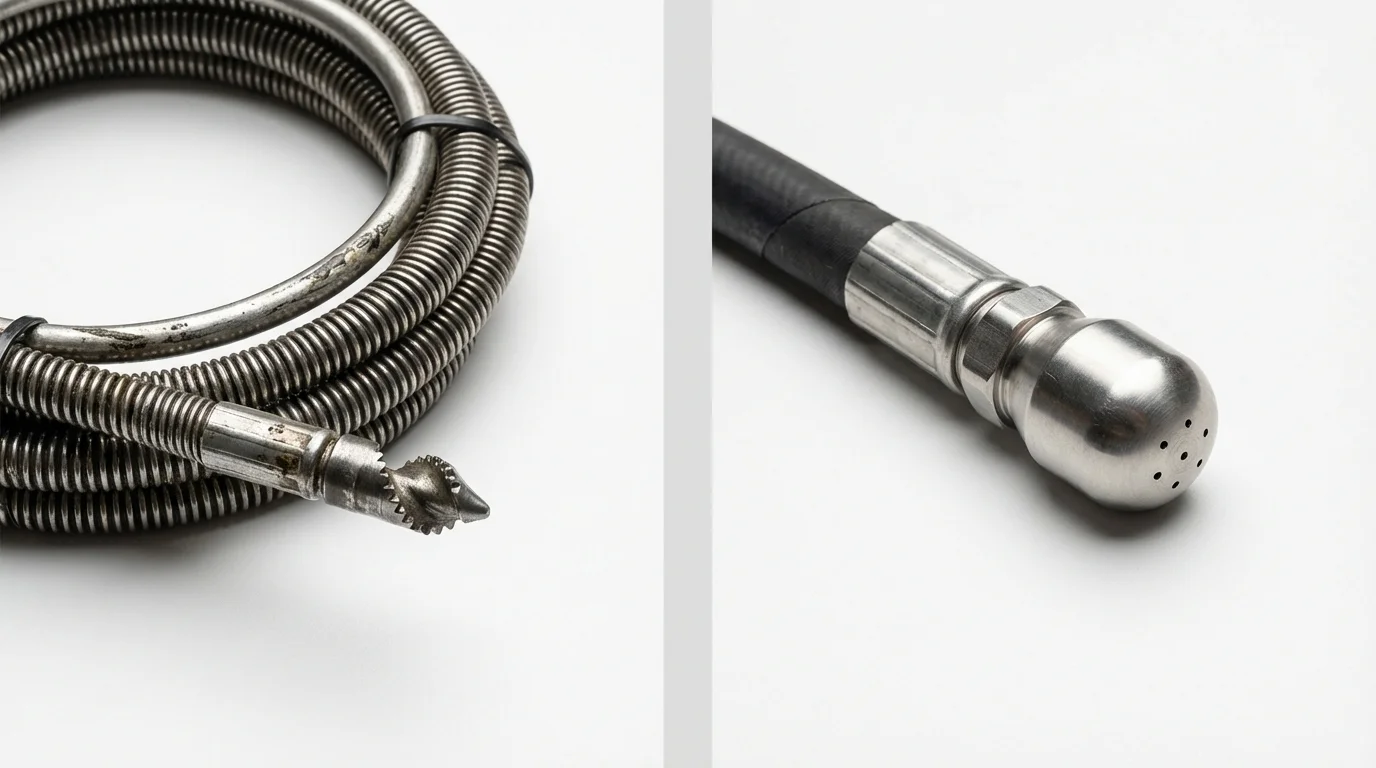 Drain snake cable and hydro jetting nozzle used for drain cleaning in Jeffersonville, IN