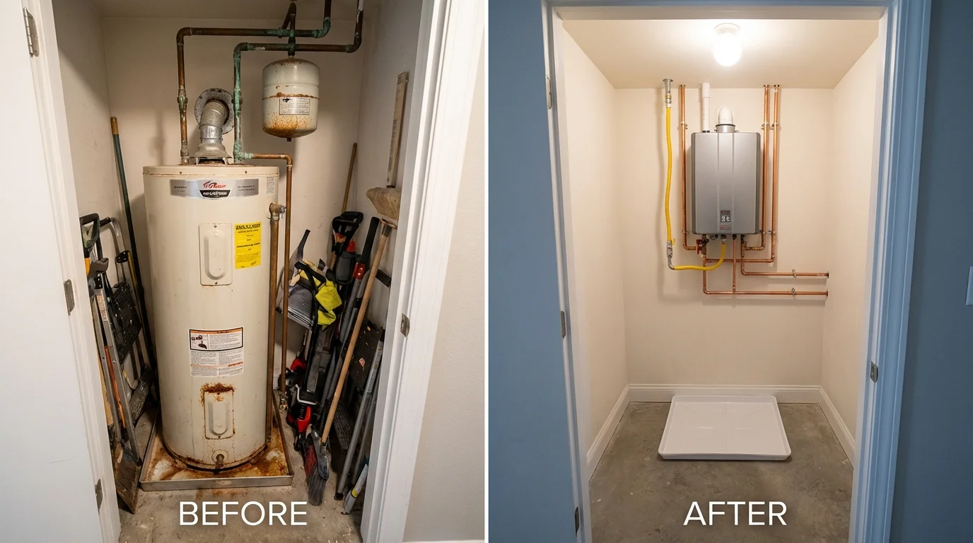 Tank water heater versus wall-mounted tankless unit comparison for Jeffersonville, IN homeowners