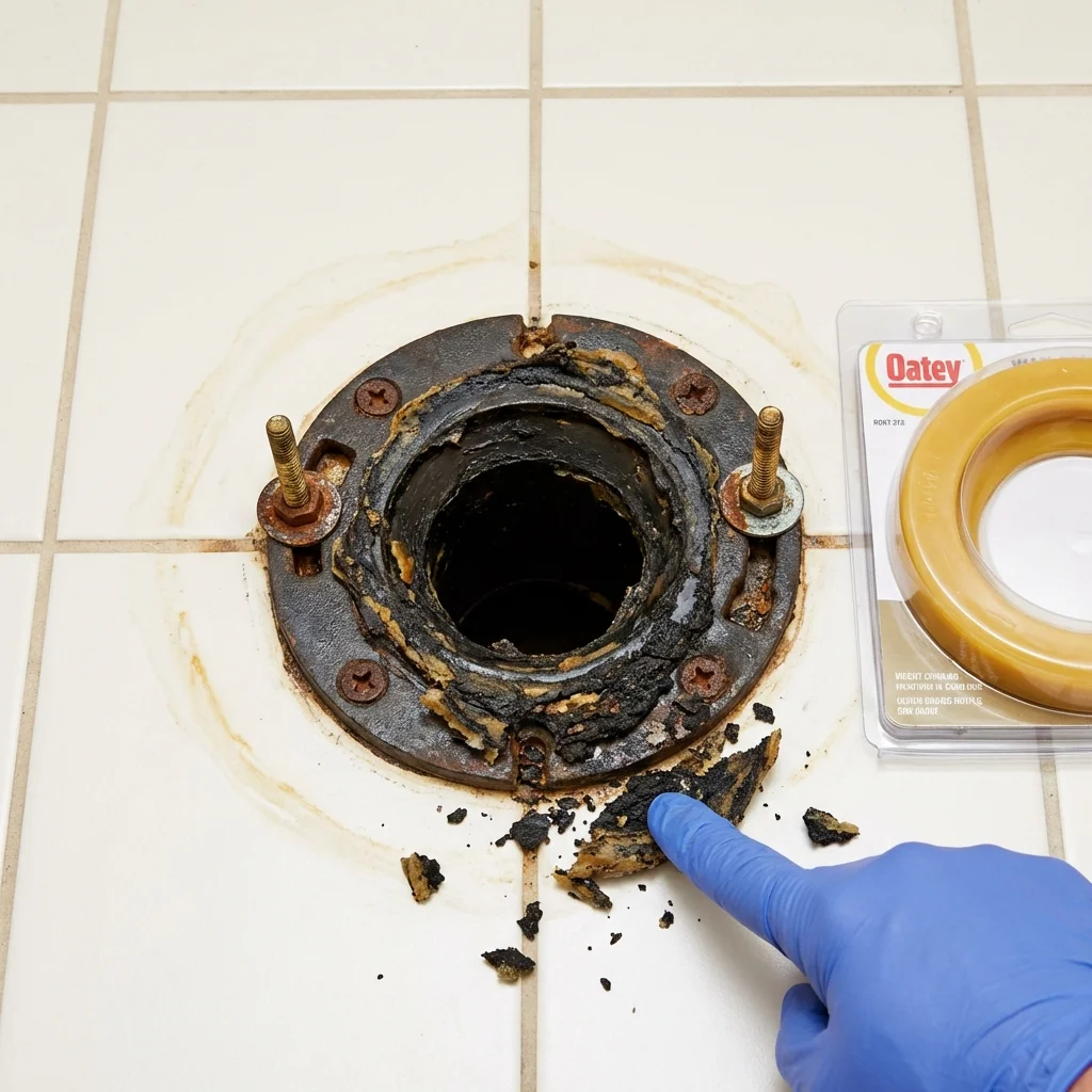 Failed wax ring showing water seepage at the base of a toilet in a Jeffersonville, IN home