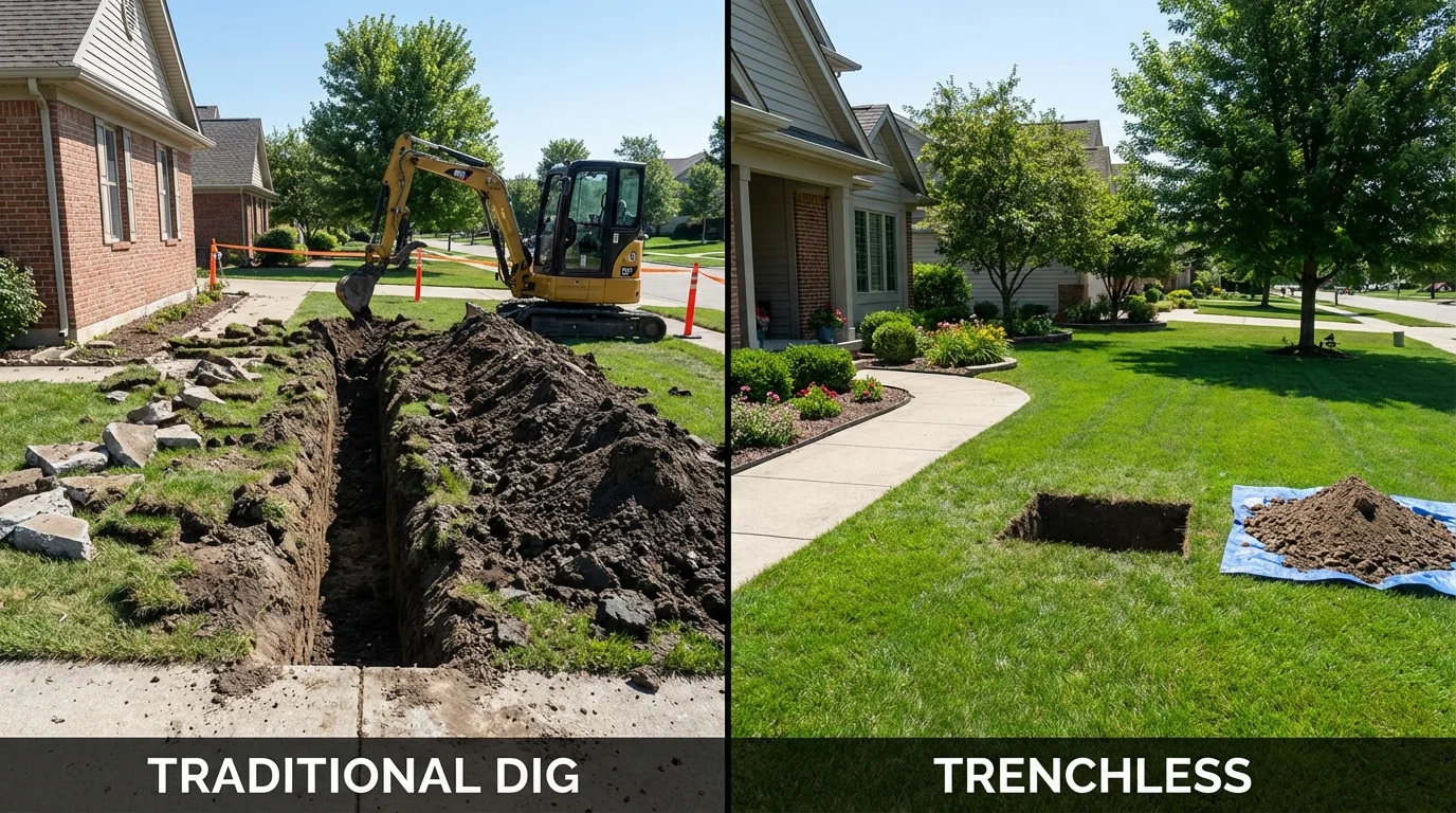 Trenchless sewer repair with minimal yard damage versus traditional excavation in Jeffersonville, IN