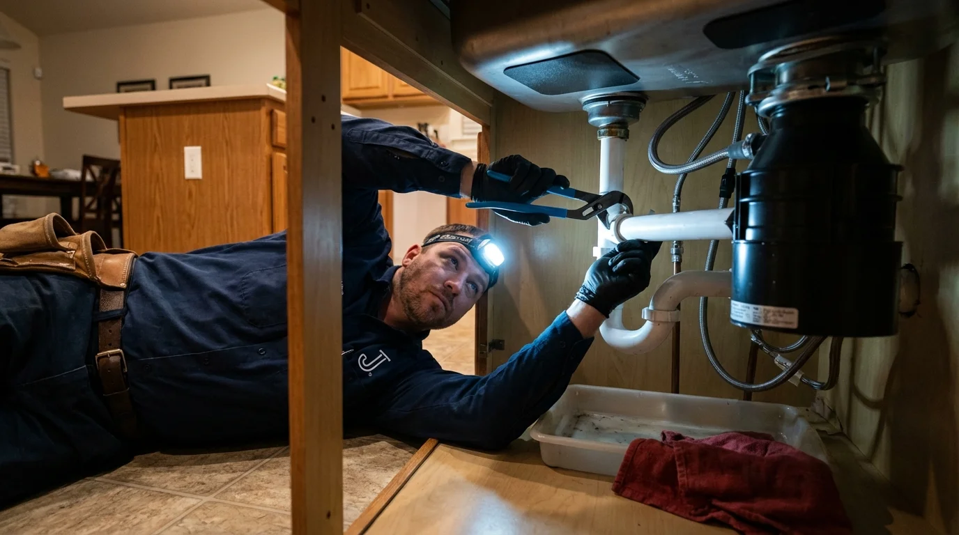 P-trap and supply line connections under a kitchen sink showing a common leak point in Jeffersonville, IN